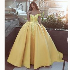 SSR440,yellow off shoulder v-neck cap sleeves applique pockets satin lace ball gown · SheSheRose · Online Store Powered by Storenvy Flower Ball Gown, Ball Gown Prom Dress, Unique Party Dresses, Robes D'occasion, Reception Gown, Prom Dresses Yellow, Dresses Classy, Flower Ball, Satin Wedding Dress