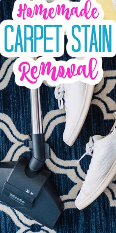 a carpet stain remover with the words homemade carpet stain removal on it and shoes next to it