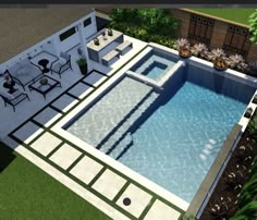 an aerial view of a swimming pool and patio area with tables and chairs around it