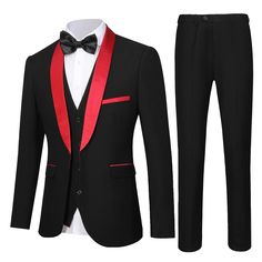 Black And Red Tuxedo Wedding Groom Suits, Red And Black Wedding Suit, Black Tux With Red Accents, Black Red Outfit Men, Tuxedo For Men Wedding Classy, Black And Red Tux, Red And Black Quinceanera Theme, Henrik Mikaelson, Red Outfit Men