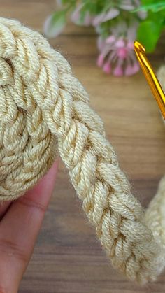 a hand holding a piece of rope next to a crochet hook