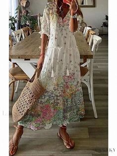 Lasaky - Comfortable Loungewear with Intricately Designed Long Sleeves Bohemian Dresses Long, Spring Floral Prints, Beach Holiday Dresses, Floral Dresses Long, Printed Long Dresses, High Waist Fashion, Tonga, Lace Fashion, Women Long Dresses