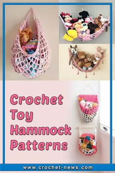 crochet toy hammock patterns with pictures of stuffed animals and toys in them