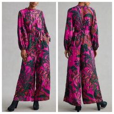 Farm Rio Wide-Leg Jumpsuit * Viscose * Lantern Sleeves * Waist Tie Detail * Hook-And-Eye Styling * Machine Wash * Imported Excellent Used Condition Jumpsuit Pink, Jungle Pattern, Jungle Print, Magenta Pink, Jumpsuit With Sleeves, Farm Rio, Lantern Sleeve, Bohemian Chic, Wide Leg Jumpsuit