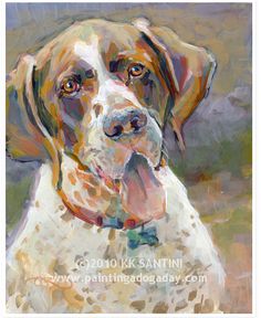 a painting of a brown and white dog