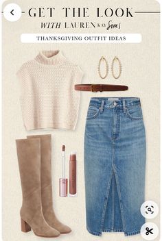 Jean Skirt Thanksgiving Outfits, Denim Skirt Outfit Fall 2024, Casual Outfit For Thanksgiving, Lauren Kay Sims Outfit, Lunch Fall Outfit, Outfit Ideas For Holidays, Megan Markle Fashion, Cabi Outfits Ideas Daily Look, Oyster Roast Outfit Fall