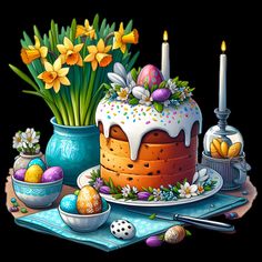 an image of a cake with candles and flowers