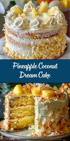 two pictures of a pineapple coconut dream cake with one slice cut out and the other half eaten