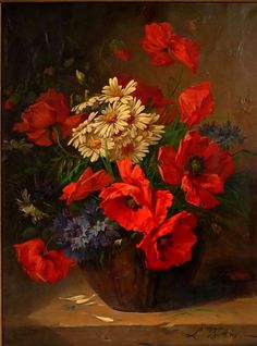 a painting of red, white and blue flowers in a vase