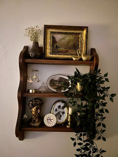 a shelf filled with vases and plates next to a potted plant