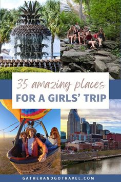 Need inspiration for your next girls' trip? This guide covers 35 amazing destinations in the US, Canada, and Mexico! Get expert advice on the best times to go, nearby airports, and recommendations for where to stay, what to do, and where to eat. From women’s retreats and sister trips to bachelorette parties and birthday celebrations, find the perfect place for your crew. Get more travel tips and ideas at Gatherandgotravel.com. Best Girls Trip Destinations, Girls Trip Ideas, Bachelorette Parties, Life Is An Adventure