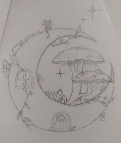 this is a drawing of a house in the middle of a circle with trees and houses on it