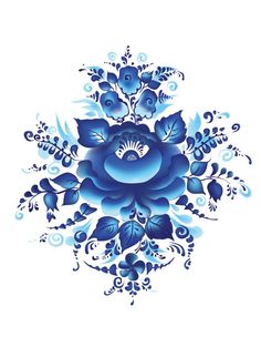 a blue flower with leaves and swirls on it