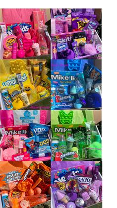 a collage of pictures showing different types of candy and toiletries in bins