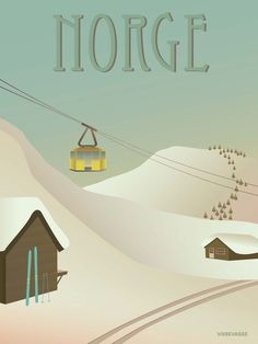 there is a ski lift in the sky above some snow covered hills and houses on it