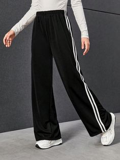 Teen Girl Contrast Side Stripe Trousers Black Casual   Fabric Striped Straight Leg High Stretch  Teen Girls Clothing, size features are:Bust: ,Length: ,Sleeve Length: Sixth Form Outfits, Side Stripe Trousers, Winter Trousers, Casual Trends, Outfit Mujer, Korean Fashion Dress, Korean Casual, Side Stripe