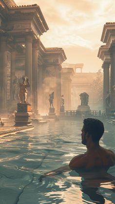 a man sitting in the middle of a swimming pool surrounded by columns and statues,