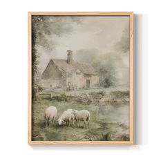 a painting of sheep grazing in front of a farm house on a foggy day