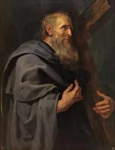 an old painting of a man holding a cross