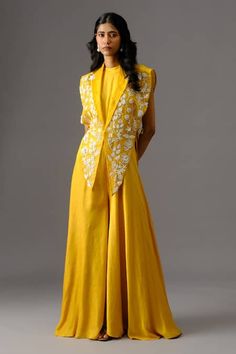 Buy Yellow Bamberg Silk Embroidery Thread Jumpsuit Dahlia Solid With Overlay For Women by Vanshika Agarwal Label Online at Aza Fashions.