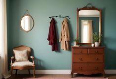 a room with a chair, mirror and coat rack on the wall next to a dresser