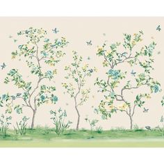 three trees with flowers and butterflies painted on the wall behind them, in front of a grassy area