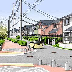 an artist's rendering of a street with houses in the background and cars parked on the road