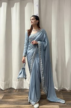 Hand Embroidered Saree Set In Silver Grey – Boutique Nepal