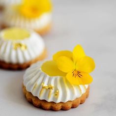 small yellow and white desserts with flowers on them