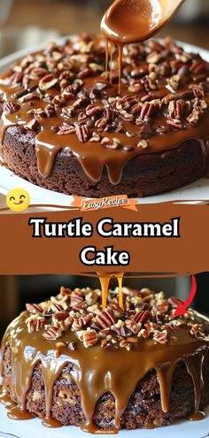 there is a cake with chocolate icing and pecans on the top, then topped with caramel