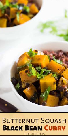 butternut squash and black bean curry in a white bowl with text overlay that says butternut squash and black bean curry