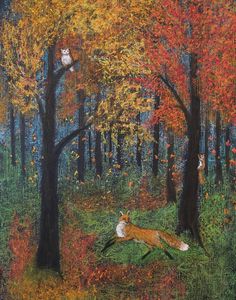 a painting of a deer laying in the grass next to trees with fall leaves on it