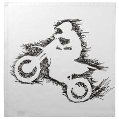 a black and white drawing of a person riding a bike on the ground with grass