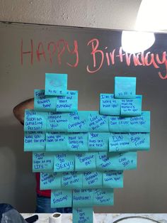 a bunch of sticky notes attached to a wall with the words happy birthday written on them