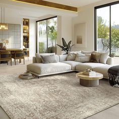 a modern living room with large windows and beige carpeted area rug on the floor