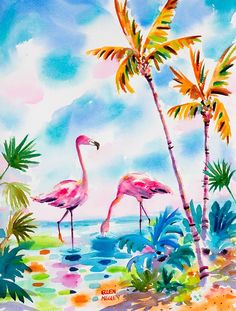 watercolor painting of three flamingos on the beach with palm trees in the background