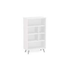 a white book shelf with three shelves on one side and two drawers on the other