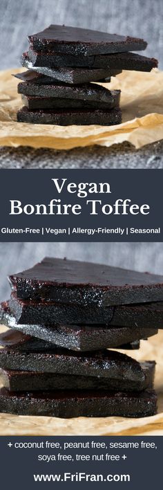 vegan, gluen and dairy - free chocolate brownies are stacked on top of each other