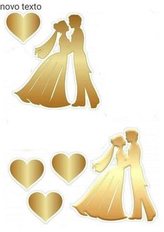 the silhouettes of two bride and groom are shown in gold foil on white paper