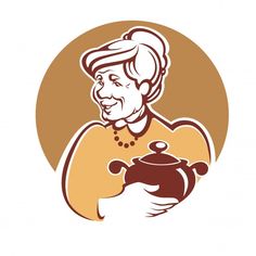 an old woman holding a teapot with a smile on her face, in a brown circle