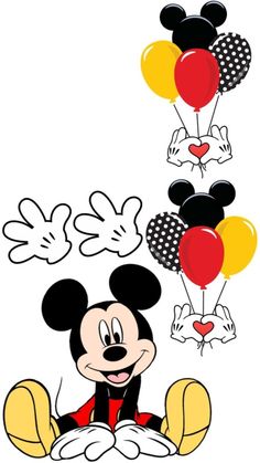 mickey mouse with balloons floating in the air