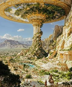 an artist's rendering of a futuristic city in the middle of a mountain range