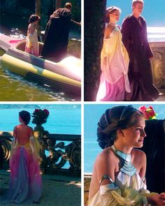 four different pictures of people dressed in historical clothing, one wearing a dress and the other looking at water