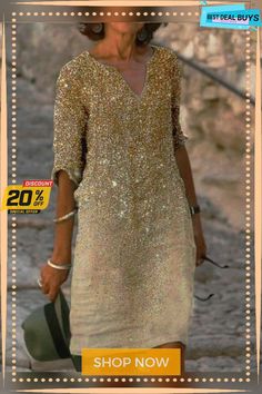 Fashion Statement Retro Style Midi Dress Gold V-neck Midi Dress For Spring, Casual Summer Dresses With Sequins, Gold Knee-length Summer Dress, Gold V-neck Spring Dress, Gold V-neck Dress For Spring, Gold Knee-length Mini Dress For Summer, Casual Gold Dress For Fall, Gold V-neck Mini Dress For Summer, Gold Knee-length Midi Dress For Summer