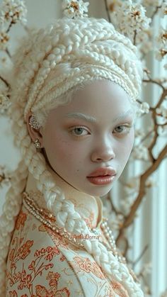 a woman with braids and pearls on her head in front of a white wall