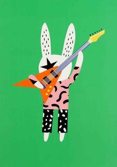 a rabbit with a guitar in its hands on a green background is the image of an animal that appears to be playing music