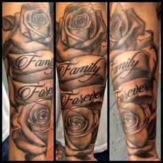 tattoos that say family, love and forever on their arms are shown in three different pictures