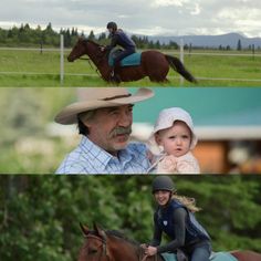 there are two pictures of people riding horses and one has a baby on the horse