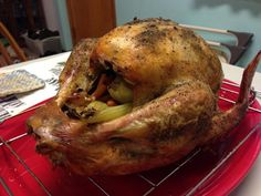 a whole chicken sitting on top of a red plate