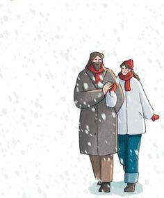 a man and woman walking in the snow wearing winter coats, scarves and mittens